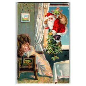 Vintage Santa Claus Christmas Postcard 1908 Embossed Sleeping Girl Tree
